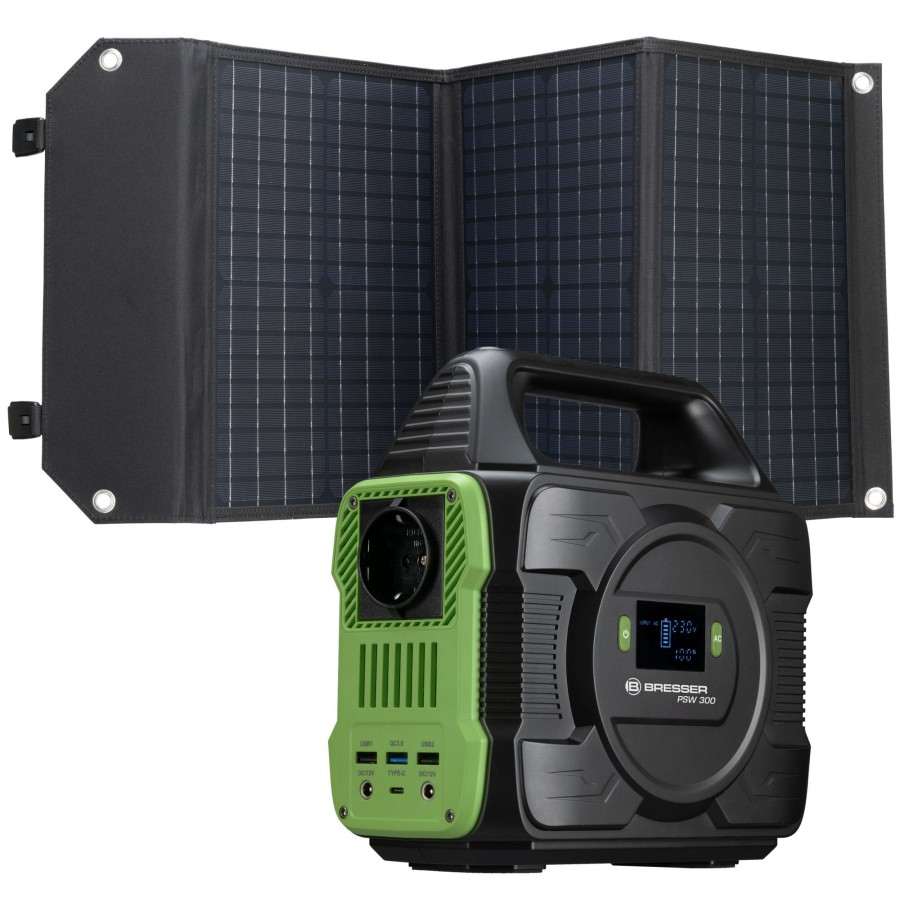 Stromversorgung | Bresser Bresser Set Mobile Power-Station 300 W + Solar-Ladegerat 60 W