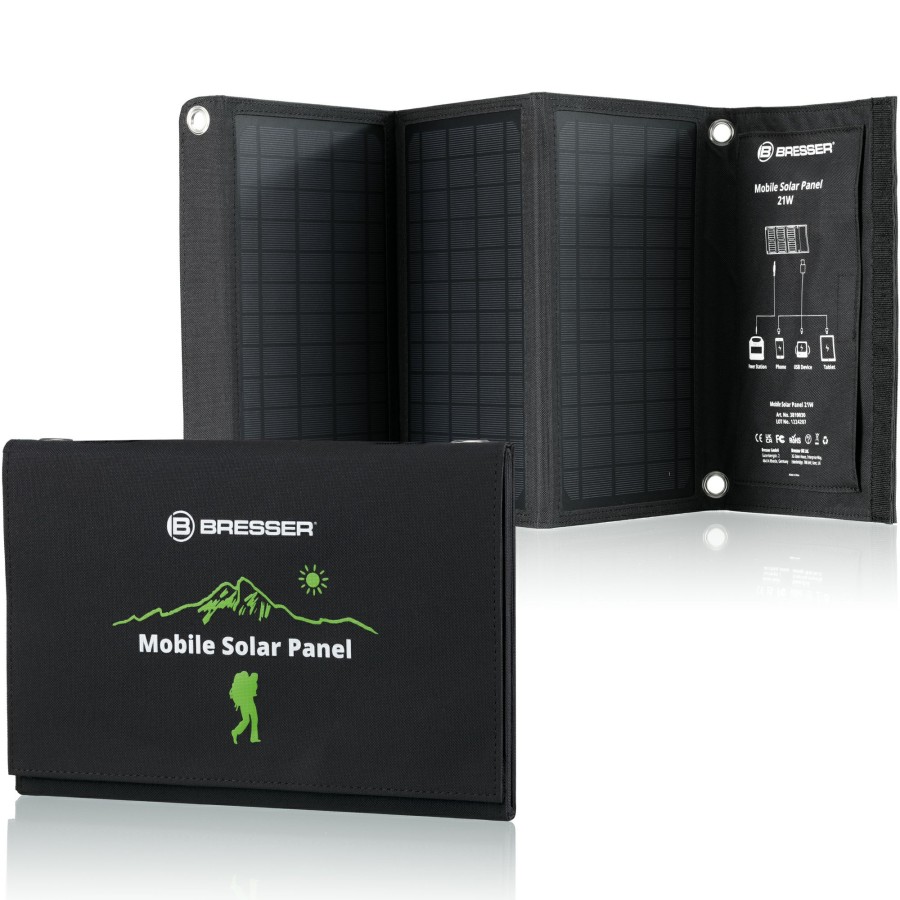 Stromversorgung | Bresser Bresser Mobiles Solar-Ladegerat 21 Watt Mit Usb- U. Dc-Anschluss